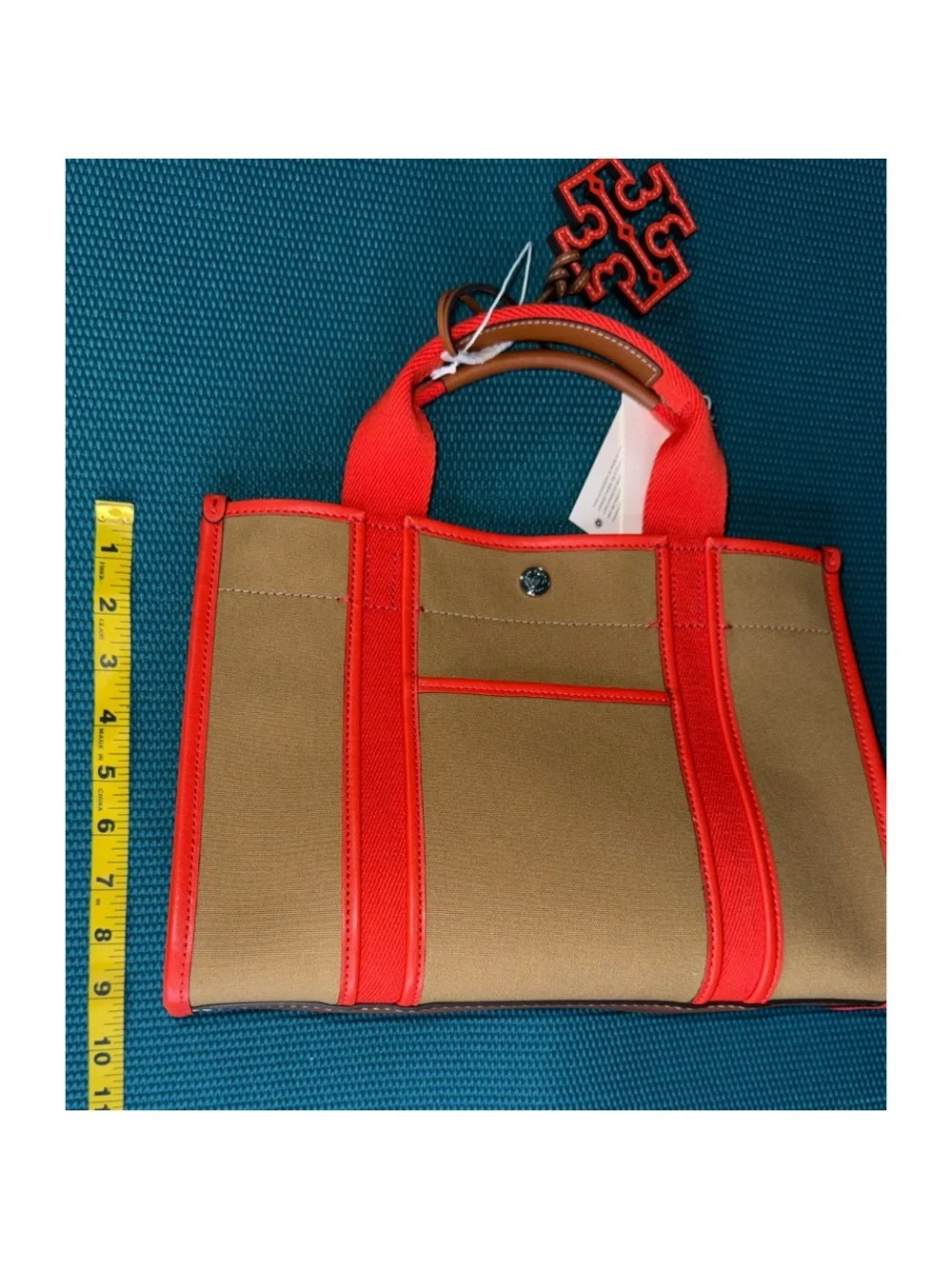 Tory Burch Brown Orange Tory Small Twill Canvas Tote Handbag